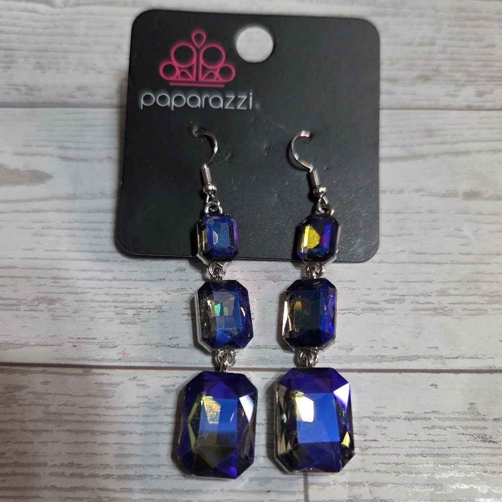 paparazzi Purple Blue Iridescent Three-Stone Dangle Earrings